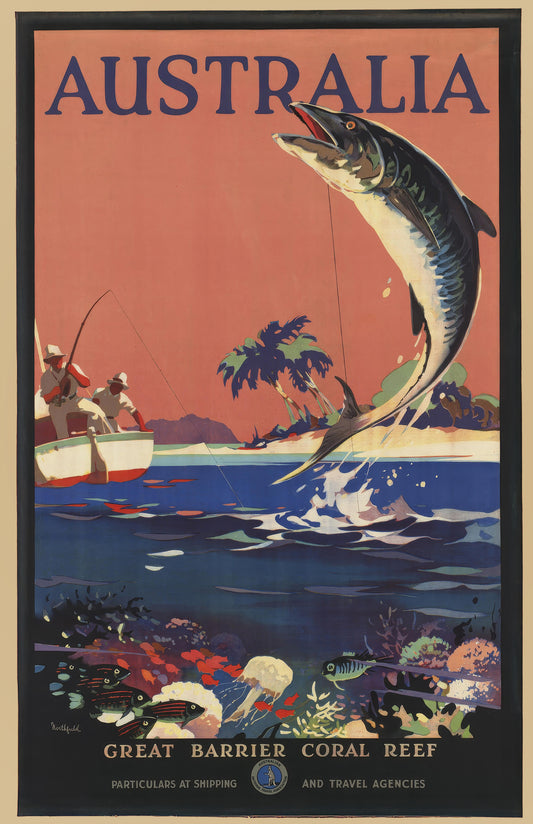 Australia Great Barrier Coral Reef Vintage Travel Poster – Classic Fishing & Marine Life Art Print, Retro Australian Wall Art