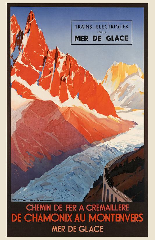 Chamonix Mer de Glace poster print, vintage French Alps train art, mountain wall decor