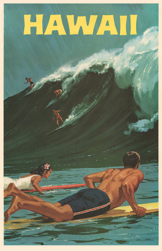 Vintage Hawaii Surfing Poster – Restored Retro Travel Art, Big Wave Surf Print, Mid-Century Beach Wall Decor