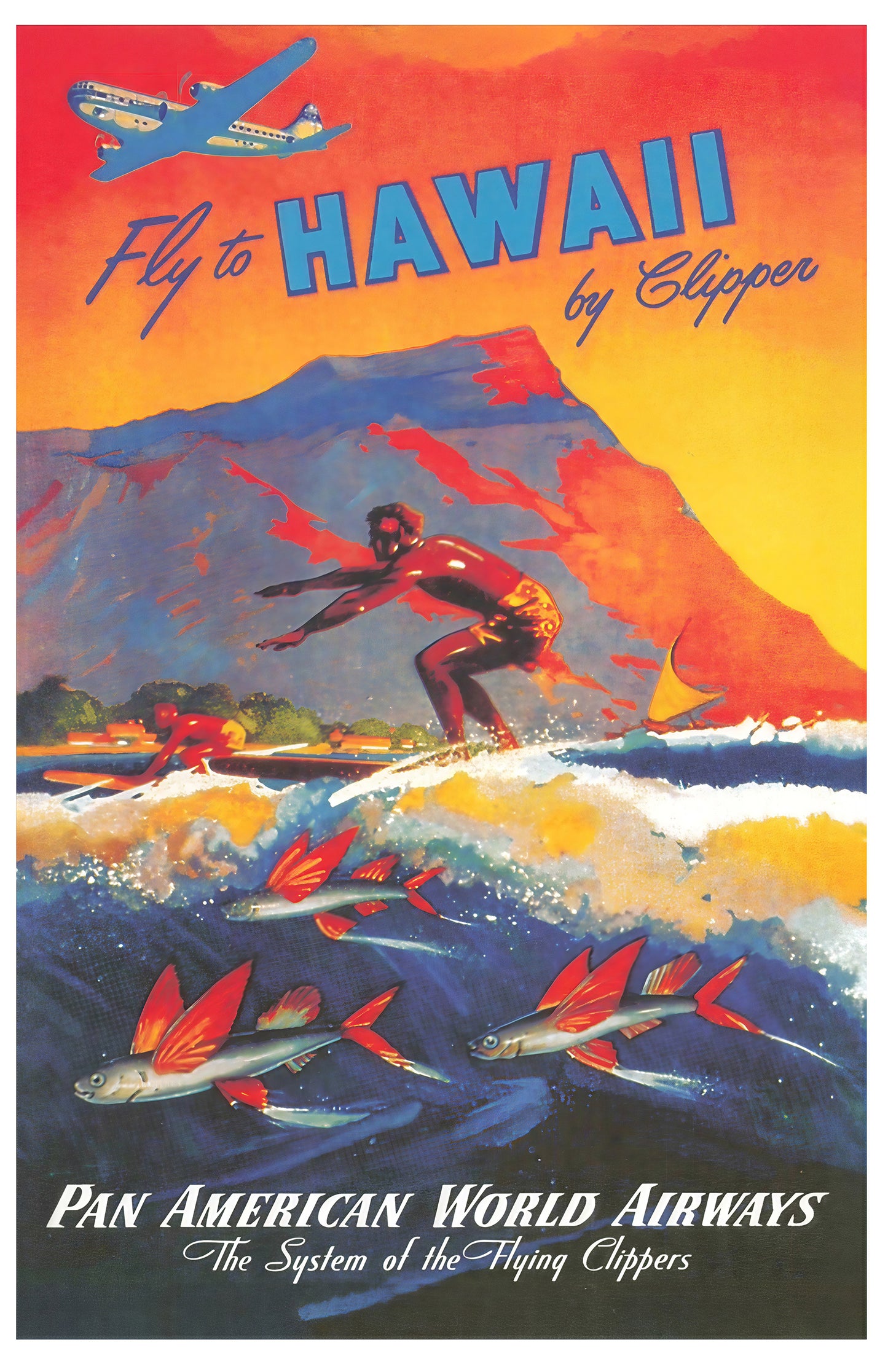 Fly to Hawaii by Clipper – Vintage Pan American World Airways Surf & Flying Fish Poster