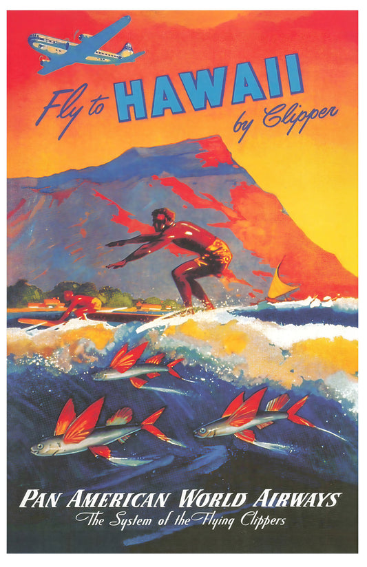Fly to Hawaii by Clipper – Vintage Pan American World Airways Surf & Flying Fish Poster