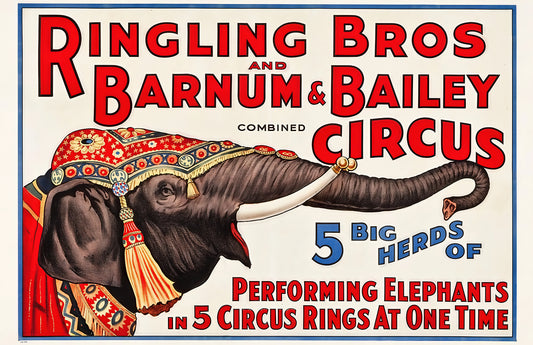 Vintage circus elephant poster print, Ringling Barnum style art, bold carnival wall decor, 17x11