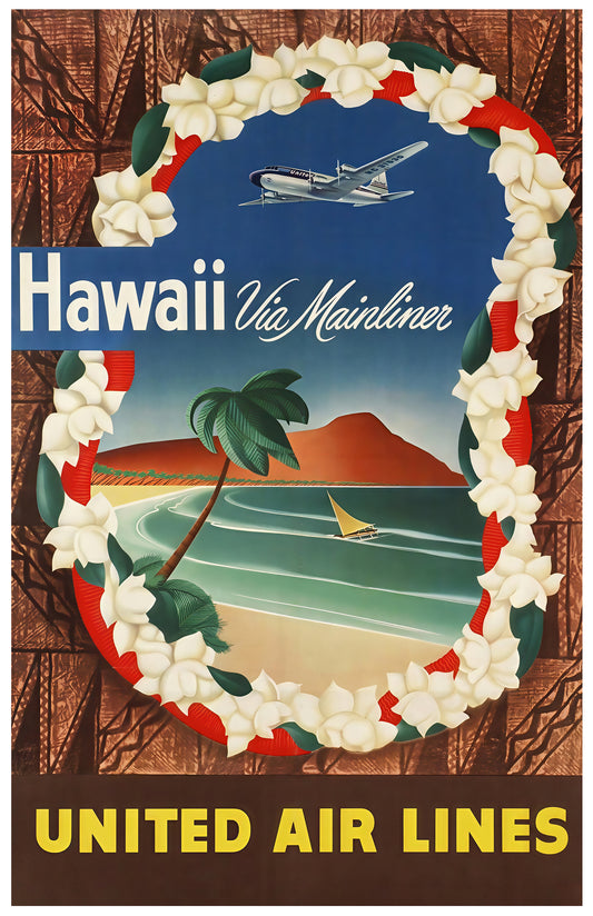 Vintage United Air Lines Hawaii Poster – Restored Mid-Century Travel Print, Retro Airline Art, Tropical Wall Decor