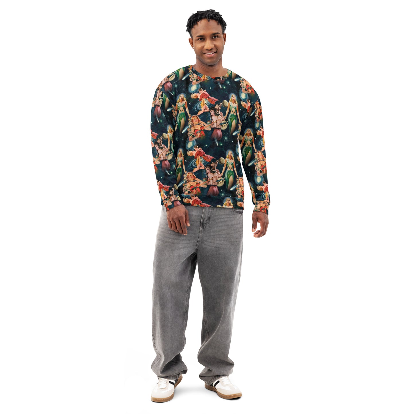 Retro Sci-Fi Pin-Up Galaxy Sweatshirt – All-Over Print Vintage Space Adventure