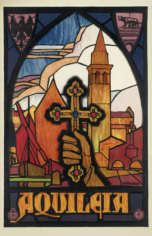 Aquileia poster print, stained glass art, vintage European travel wall decor, church architecture illustration