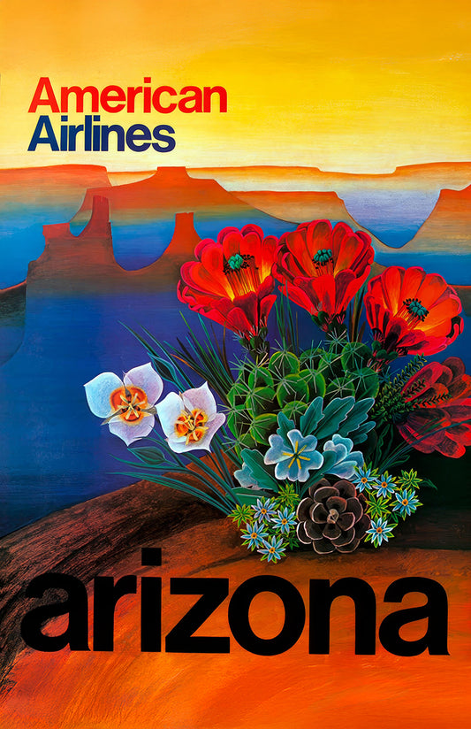 Arizona travel art print, Arizona vintage art poster with desert wildflowers, cactus, Southwest wall-decor