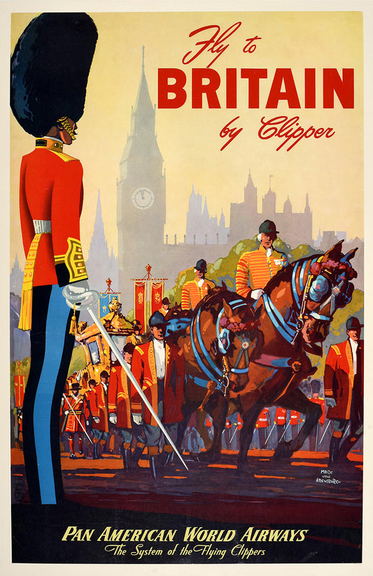 Britain travel poster print, vintage London guard art, Fly to Britain wall decor