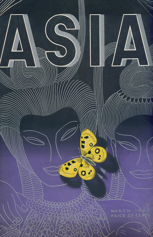 Vintage Asia Magazine Cover Poster Print, Art Deco Asian Illustration Wall Art, Yellow Butterfly Purple Cover Art, 1935 Magazine Inspired Decor, Maximalist Gallery Print