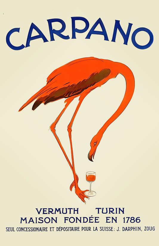 Carpano Vermouth Vintage Poster Print, Flamingo Art Deco Bar Wall Art, Turin Italy Aperitif Advertising, Retro Cocktail Decor, 11x17