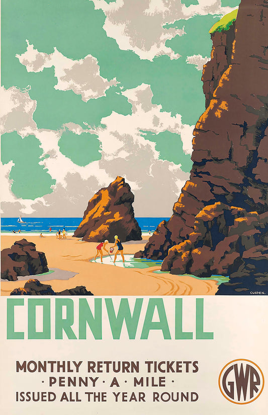 Cornwall poster print, vintage beach art for coastal wall decor, seaside cliffs travel