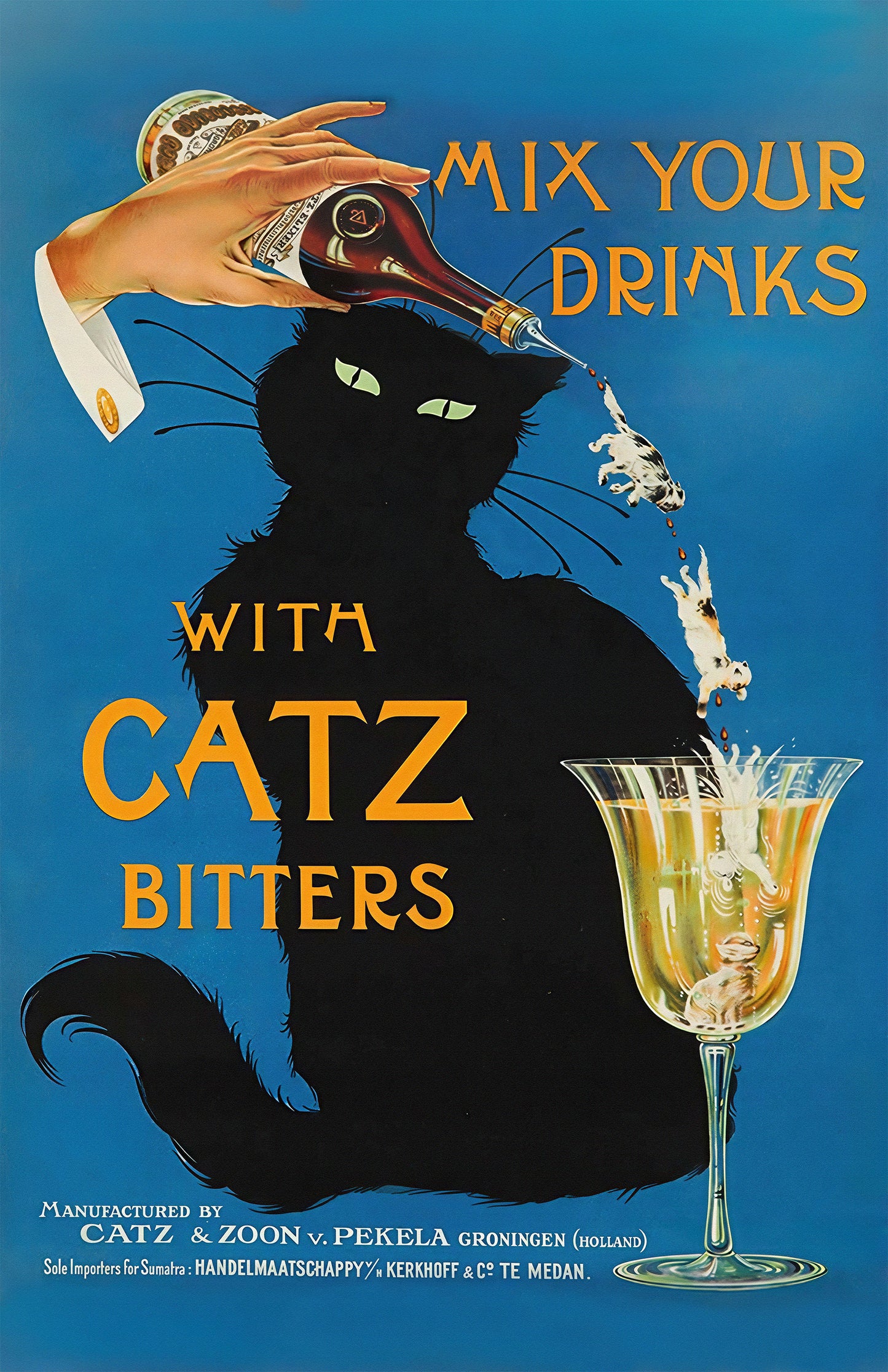 Catz Bitters Vintage Poster • Black Cat Art Deco Bar Print • Retro Liquor Advertisement Wall Art