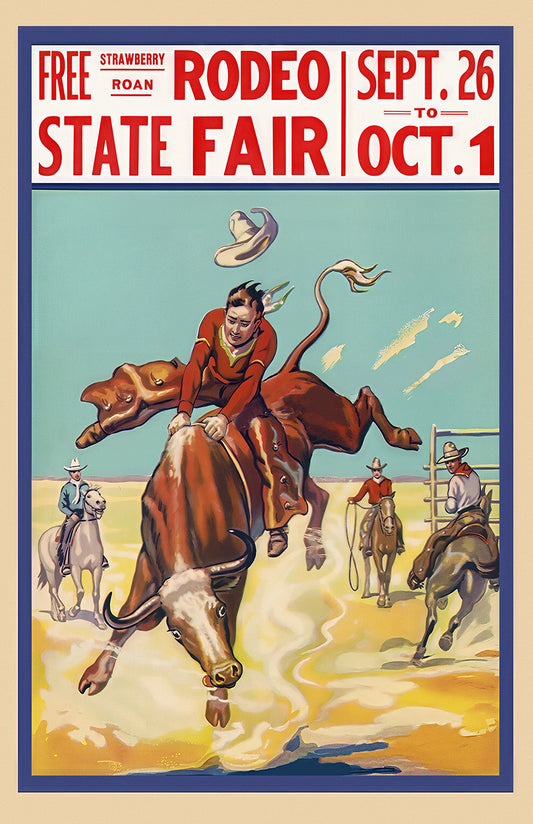 Vintage Rodeo State Fair poster print, bucking bull rider art, western wall decor 11x17