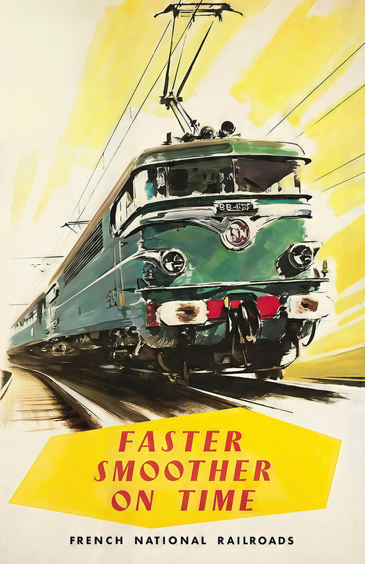 French rail poster vintage train art print, Faster Smoother On Time, travel wall decor