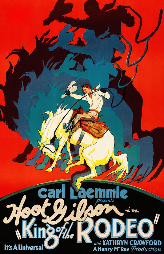Vintage rodeo movie poster print, bold red cowboy art, western wall decor, retro cinema