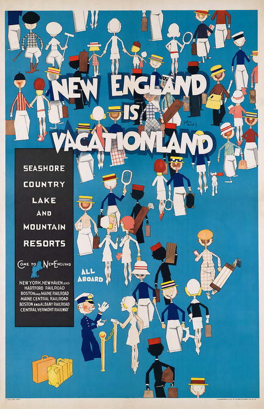 New England travel poster print, Vacationland art, vintage railroad wall decor, seaside country resorts