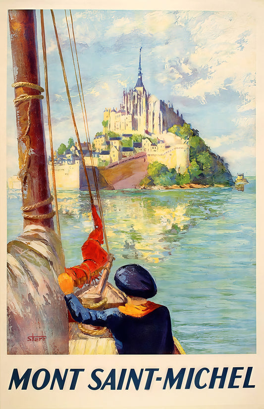 Mont Saint-Michel poster print, vintage France travel art, coastal scene wall decor