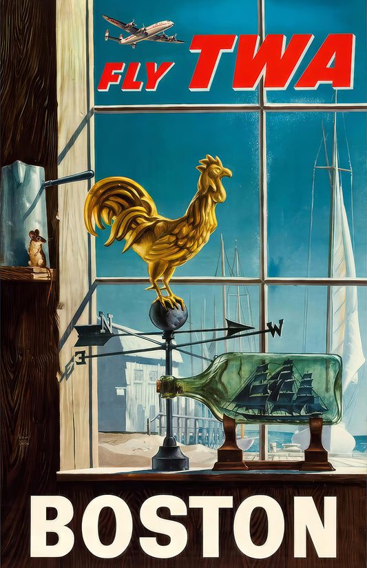 Boston travel poster print, Fly TWA art, vintage aviation wall decor, nautical window scene