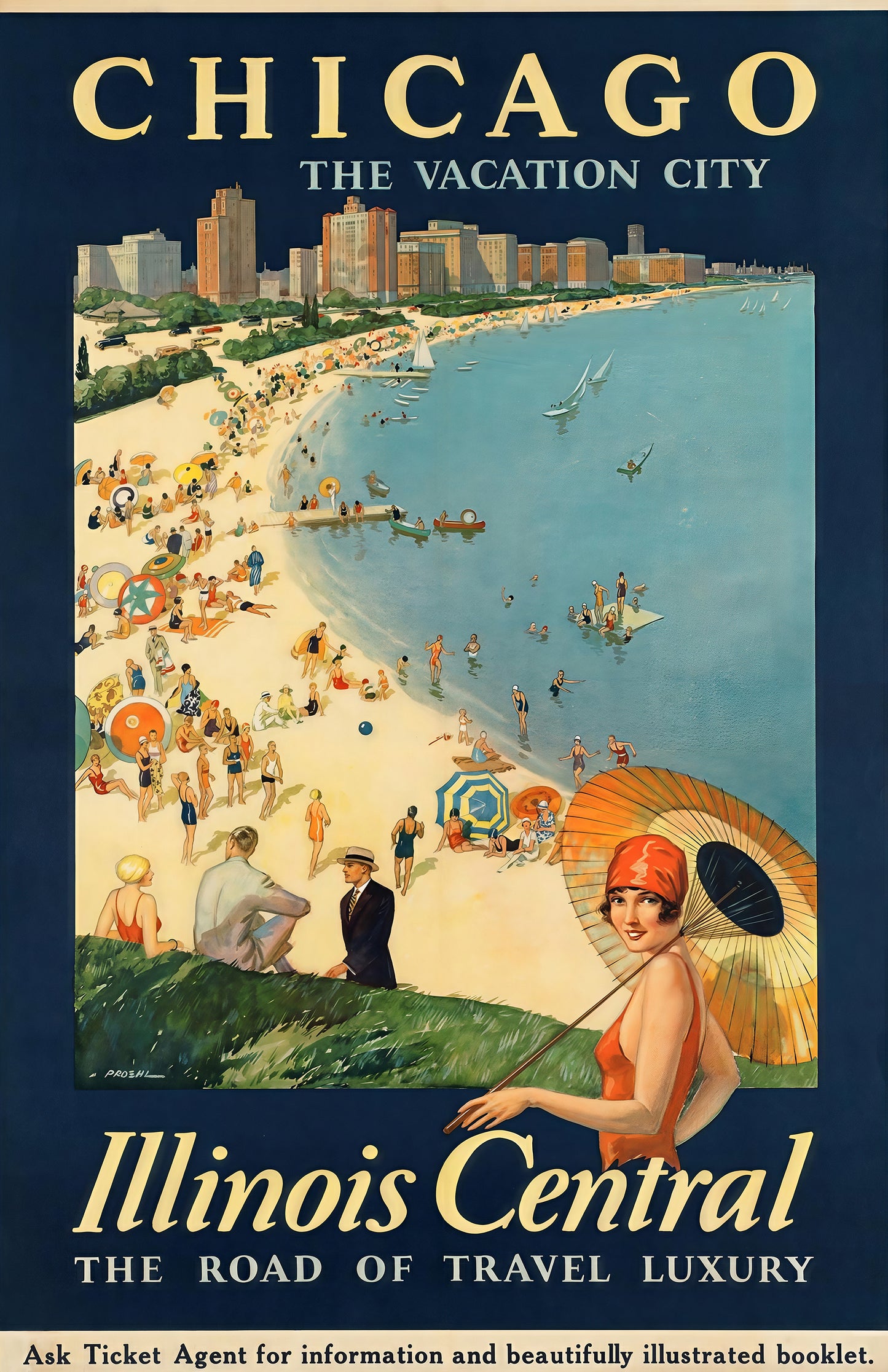 Chicago Vacation City Illinois Central Poster – Vintage Beach Travel Art Print (11x17)