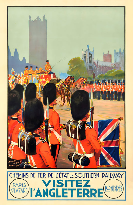 Visit England poster print, vintage London guards parade art, French travel wall decor