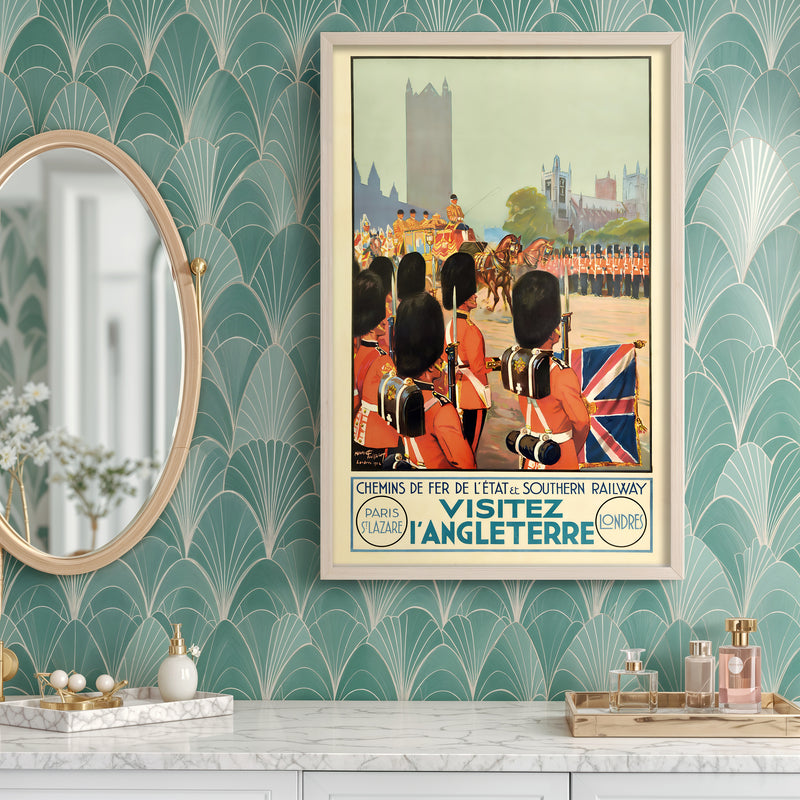 Visit England poster print, vintage London guards parade art, French travel wall decor