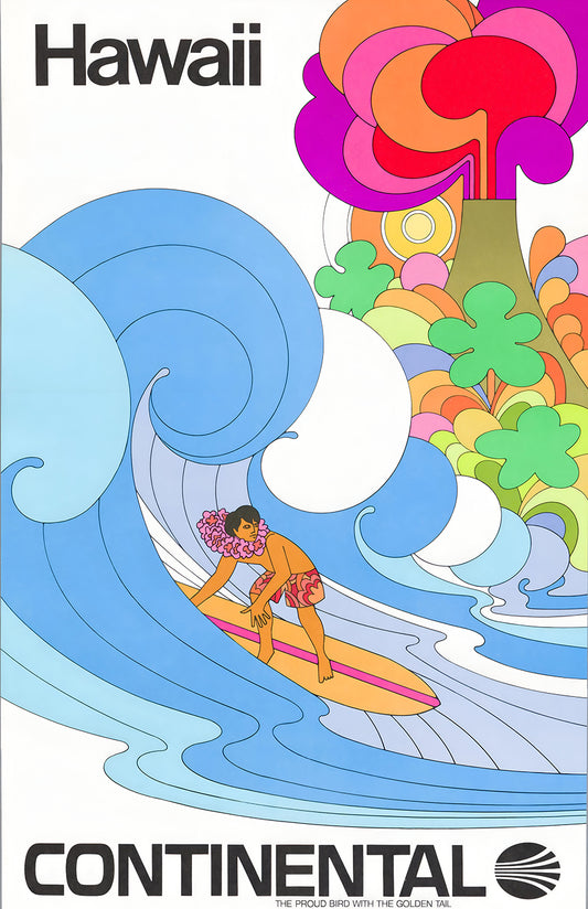 Vintage Hawaii Continental Airlines Poster – 1960s Psychedelic Surf Travel Art Print, Retro Airline Wall Decor