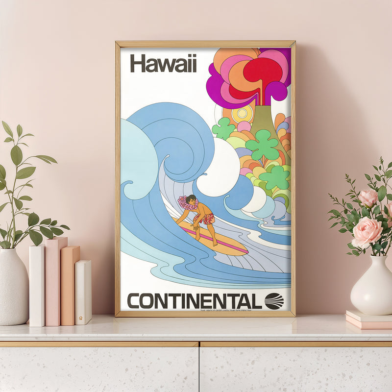 Vintage Hawaii Continental Airlines Poster – 1960s Psychedelic Surf Travel Art Print, Retro Airline Wall Decor