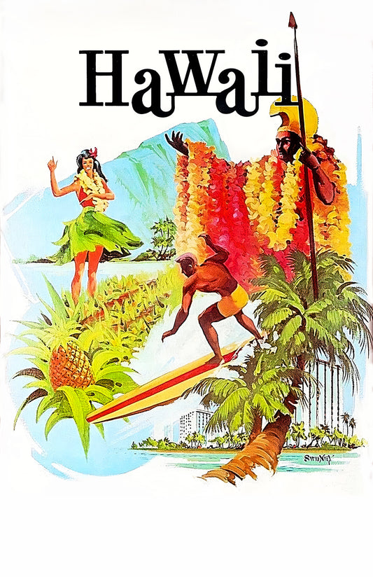 Vintage Hawaii Travel Poster – Retro Airline Surf & Hula Art Print, Mid-Century Tropical Wall Decor