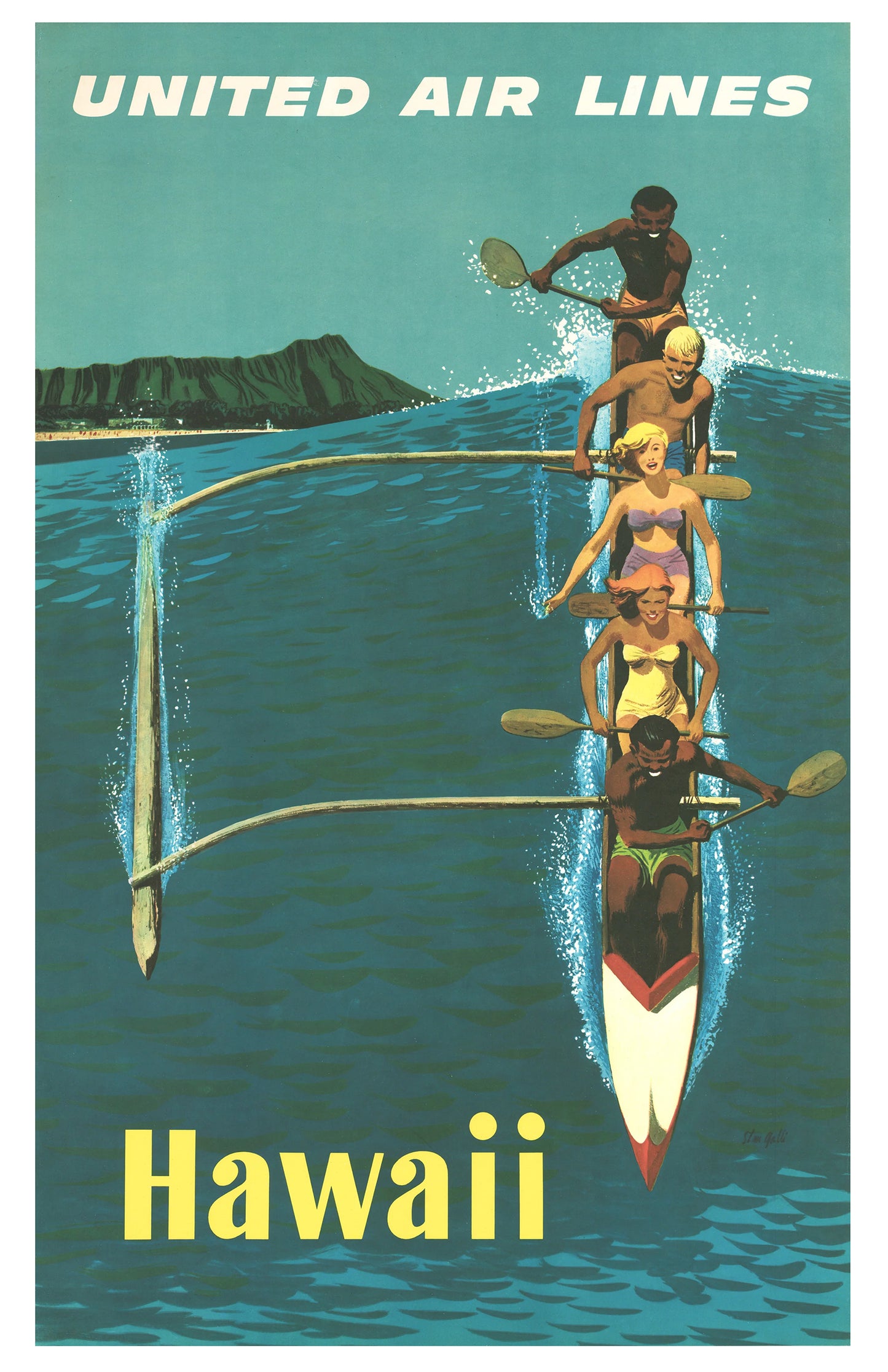 United Air Lines Hawaii – Vintage Outrigger Canoe Travel Poster