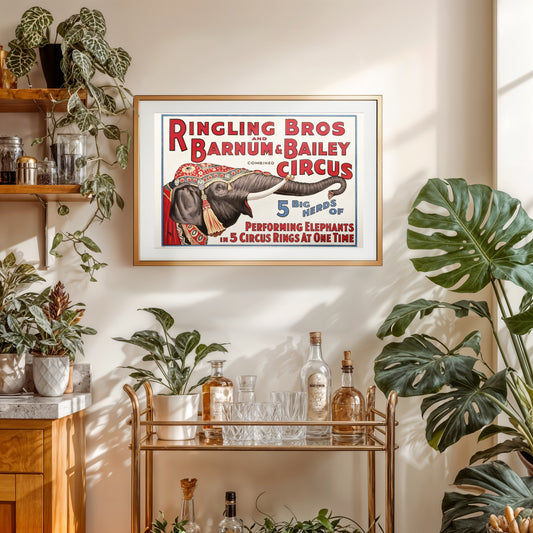 Vintage circus elephant poster print, Ringling Barnum style art, bold carnival wall decor, 17x11