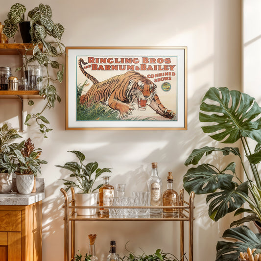 Vintage circus tiger poster print, Ringling Barnum style art, bold carnival wall decor, 17x11