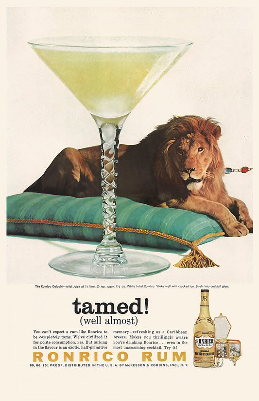 Ronrico Rum Vintage Advertisement Poster Print, Lion & Daiquiri Cocktail Art, Mid-Century Bar Decor, Retro Liquor Ad Wall Art, 11x17
