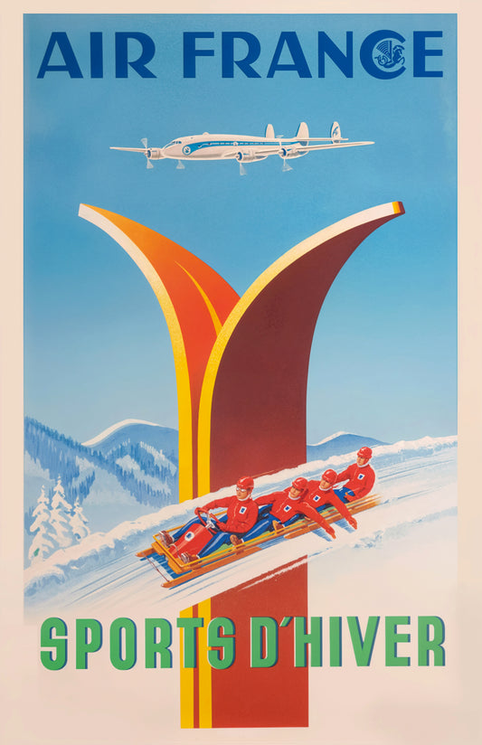 Air France Sports d’Hiver Vintage Bobsled Travel Poster – Retro Ski Holiday Art