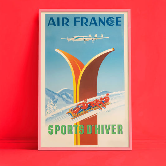 Air France Sports d’Hiver Vintage Bobsled Travel Poster – Retro Ski Holiday Art