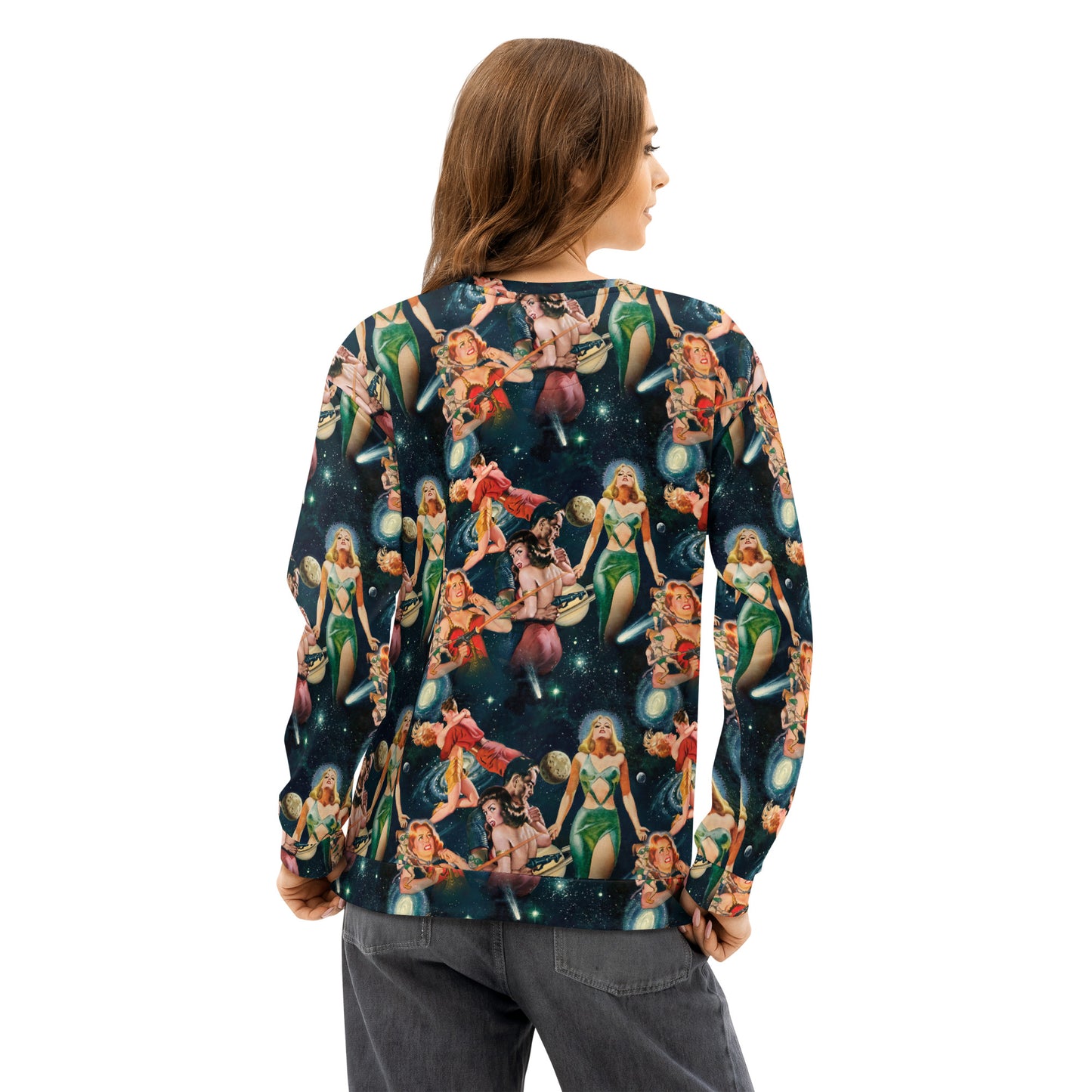 Retro Sci-Fi Pin-Up Galaxy Sweatshirt – All-Over Print Vintage Space Adventure
