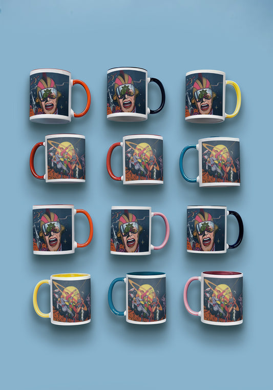 Retro Pulp Sci-Fi Chaos Mug – Vintage Space Comic Art Coffee Mug with Color Handle & Interior