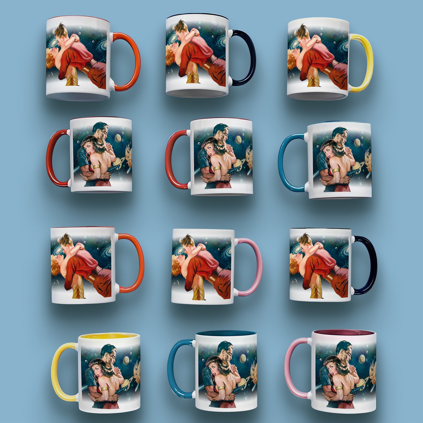 Retro Sci-Fi Space Romance Mug, Cosmic Lovers Pulp Art, Galaxy Coffee Cup, 11oz or 15oz Ceramic Mug w/ Color Accent Handle & Inside