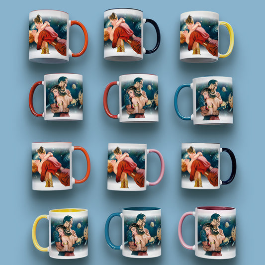 Retro Sci-Fi Space Romance Mug, Cosmic Lovers Pulp Art, Galaxy Coffee Cup, 11oz or 15oz Ceramic Mug w/ Color Accent Handle & Inside