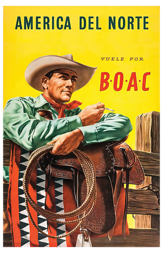 Vintage “America del Norte” Cowboy Travel Poster – Retro BOAC Airline Art Print (11×17)