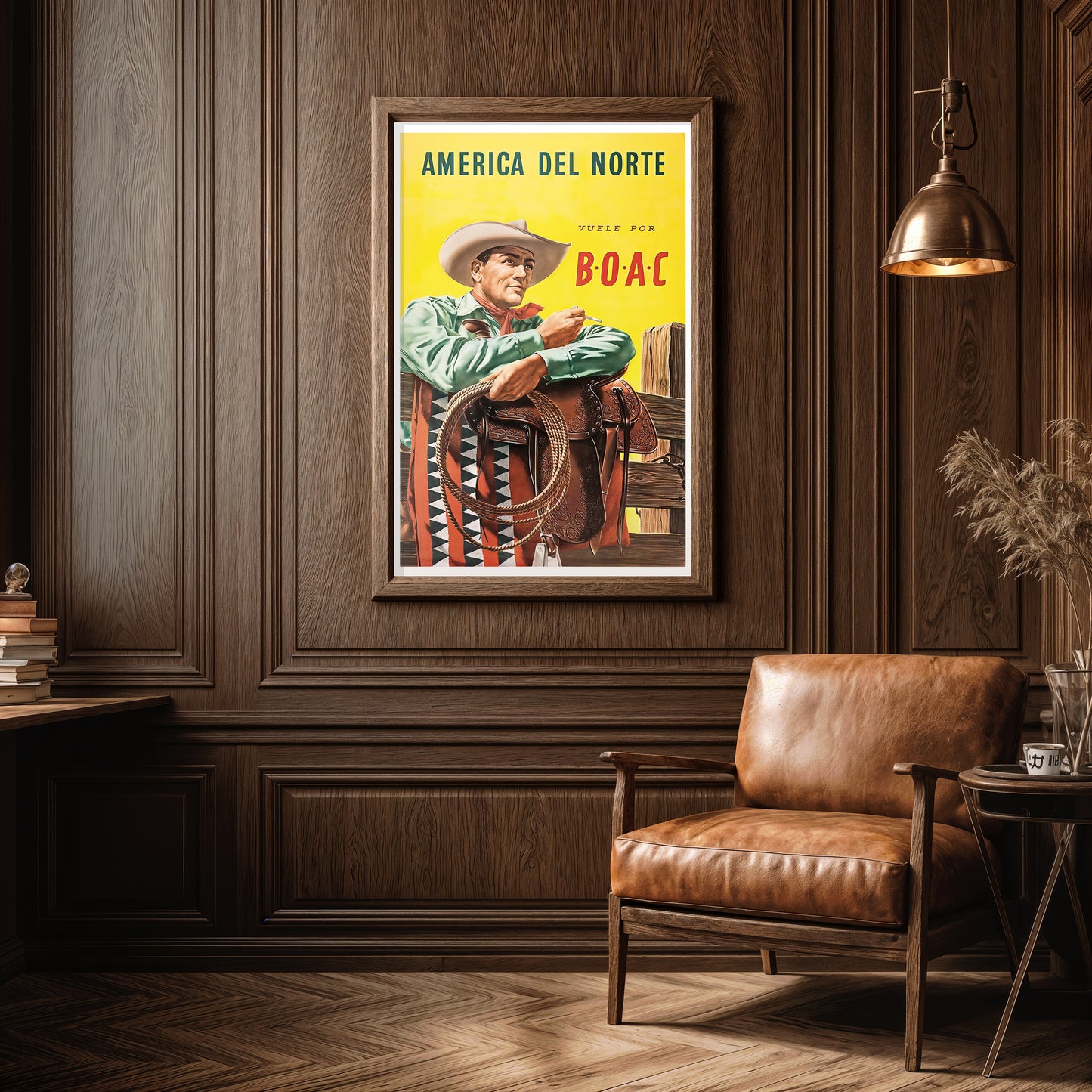 Vintage “America del Norte” Cowboy Travel Poster – Retro BOAC Airline Art Print (11×17)