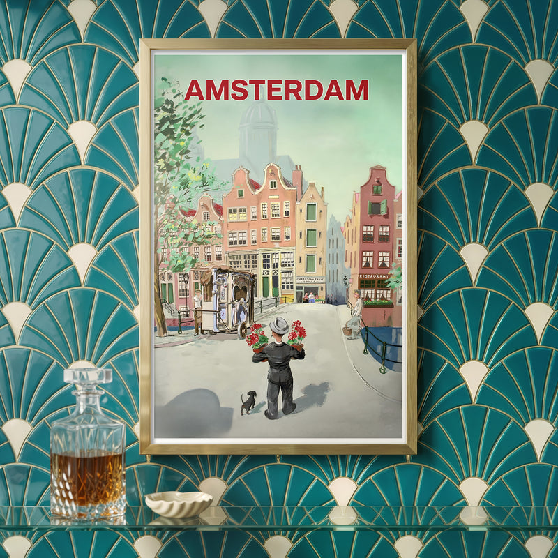 Amsterdam travel poster print, canal house art with flower market scene, city wall decor