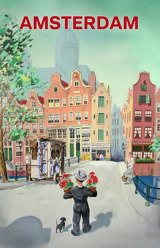 Amsterdam travel poster print, canal house art with flower market scene, city wall decor