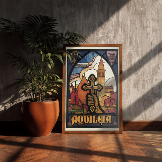 Aquileia poster print, stained glass art, vintage European travel wall decor, church architecture illustration