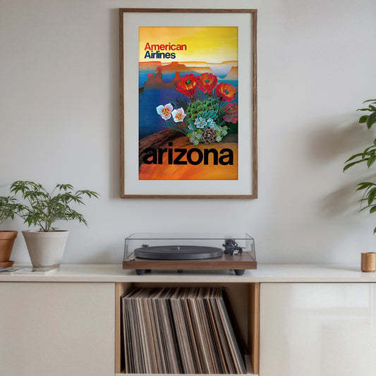Arizona travel art print, Arizona vintage art poster with desert wildflowers, cactus, Southwest wall-decor