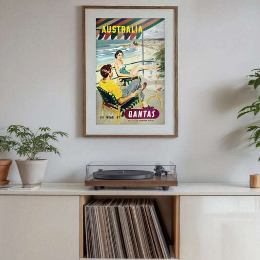 Australia Qantas Vintage Travel Poster – Mid-Century Beach Airline Art Print, Retro Coastal Tourism Wall Art