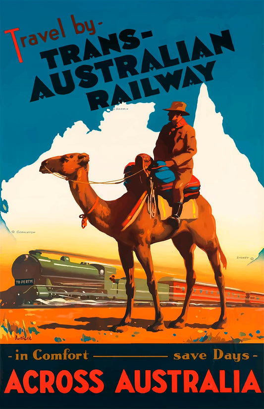 Australia travel poster print, vintage railway camel art, outback wall decor, 11x17 home gift