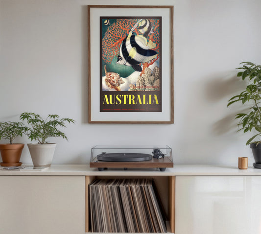 Australia Great Barrier Reef Vintage Travel Poster – Tropical Fish & Coral Art Print, Retro Marine Wildlife Wall Art