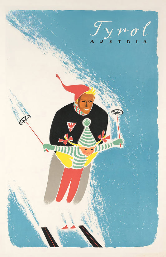 Tyrol Austria ski poster print, vintage family skier art, playful winter travel wall decor