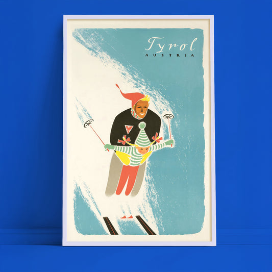Tyrol Austria ski poster print, vintage family skier art, playful winter travel wall decor