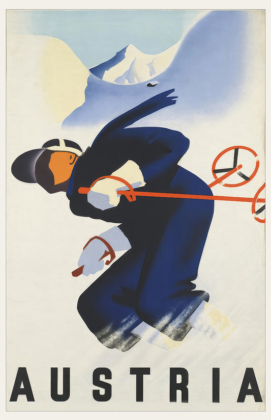 Austria ski poster print, vintage skier art, minimalist winter travel wall decor