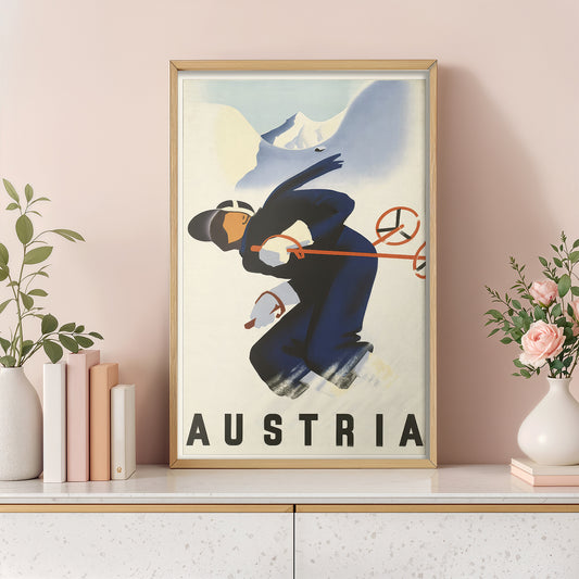 Austria ski poster print, vintage skier art, minimalist winter travel wall decor
